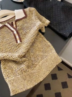 Vintage 2000s Shiny Knit Short Sleeve Tee Women Polo Neck Summer Tops Brown Hollow out Knitwear Lady Clothes Casual T-shirt