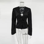 Tornova Elegant Satin Lace T Shirt Women's Long Sleeve Casual V Neck Lace Up Top Fashion Single Breasted Female Commute T Shirt