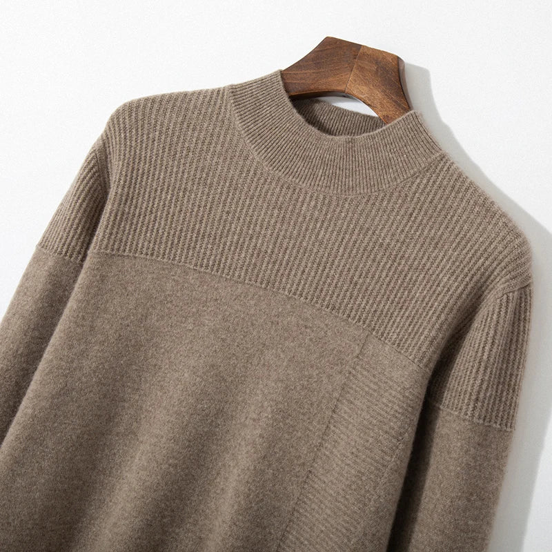 Autumn and winter new 100% pure wool men's semi-turtle neck loose knit solid color Joker casual knit bottoming shirt.