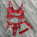 Ellolace Hot Women's Lingerie Sets Charming Bra Belt Thong 3PC with Leg Circles Fantasy Deep V-neck Women Intimate Underwear