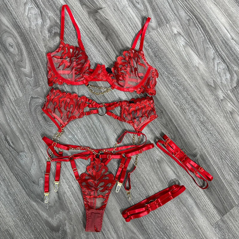 Ellolace Hot Women's Lingerie Sets Charming Bra Belt Thong 3PC with Leg Circles Fantasy Deep V-neck Women Intimate Underwear