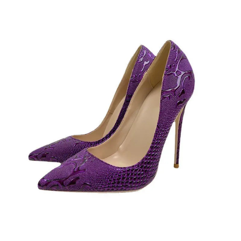 Purple Embossed Crocodile Effect Women Pointy Toe Slip On High Heel Shoes for Party Sexy Ladies Dress Stiletto Pumps