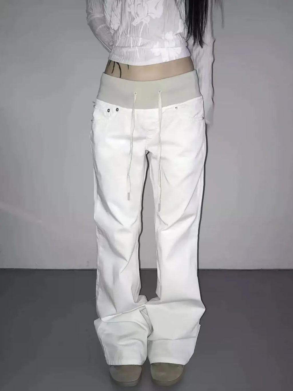 Women American Street Washed Spliced Elastic Waist Flare Jeans Plus Size Loose Drape Wide Leg Casual Trendy Denim Long Pants