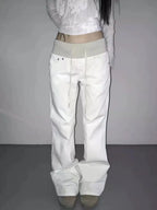 Women American Street Washed Spliced Elastic Waist Flare Jeans Plus Size Loose Drape Wide Leg Casual Trendy Denim Long Pants