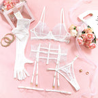 New Eyelash Lace 5-Piece Lingerie Set for Women with Underwire Bra Waistband  Garter Belt Leg Rings Gloves Sexy Comfortable
