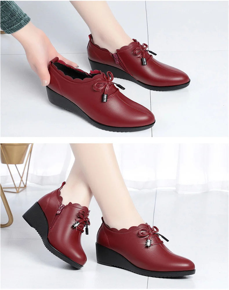 CINESSD 2023 New Fashion Lace Leather Platform Pumps Korean Style Casual Waterproof Pointed Toe Shoes for Women Spring Autumn