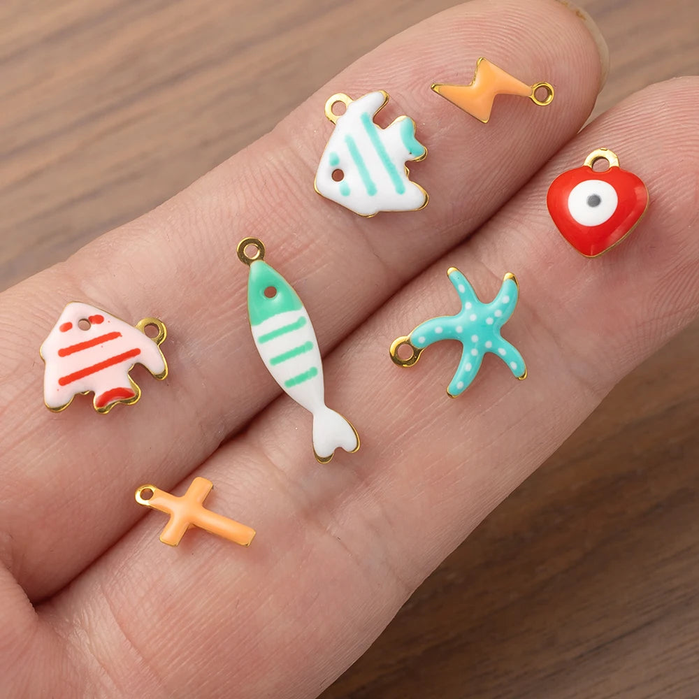 20pcs Stainless Steel Enamel Charms Mixed Moon Star Cross Fish Animal Charm Pendant DIY for Necklace Bracelet Jewelry Making