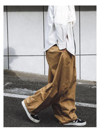Solid Color Wide Leg Cargo Pants Mens Baggy Pleated Streetwear Elastic Waist Casual Loose Trousers Men