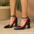 European American Pointed Toe Patent Leather Color Block Shoes Block Heel High Heels Elegant Fashion Casual Shallow Mouth Plus