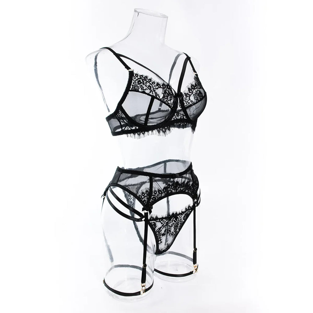 Tornova 4 Piece Sexy Lingerie Set for Women Mesh and Lace Sexy Perspective Push-up Solid Color Lace Hollow Out Underwear Set New