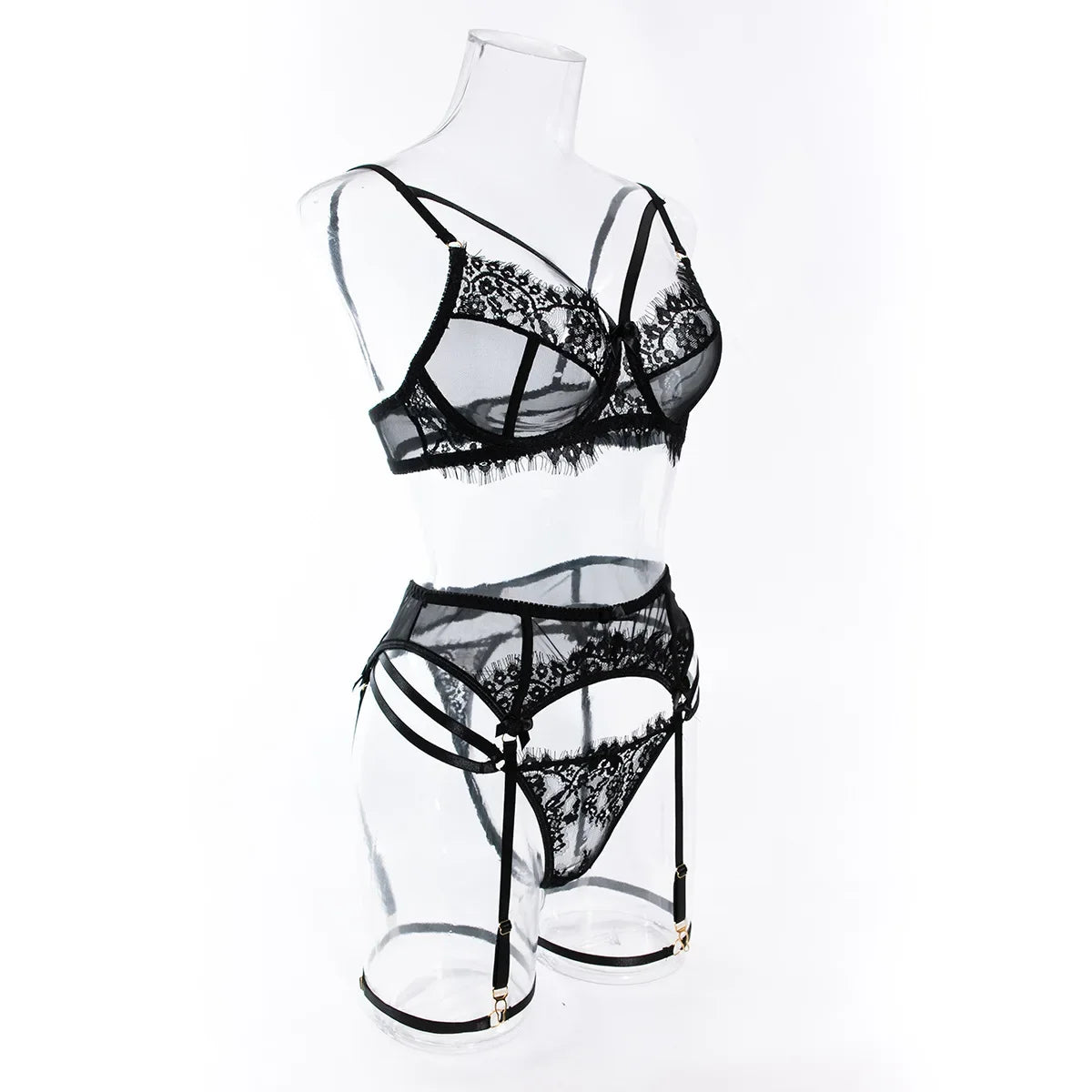 Tornova 4 Piece Sexy Lingerie Set for Women Mesh and Lace Sexy Perspective Push-up Solid Color Lace Hollow Out Underwear Set New