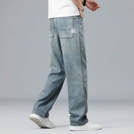 2026 New Summer Ultra-thin Lyocell Men's Jeans Drape Soft Fabric Loose Straight Casual Denim Pant Elastic Ice Silk Male Trousers
