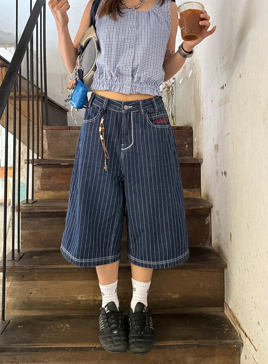 Harajuku Y2k Women's Light Blue Calf Length Cargo Jeans Baggy Denim Trousers Japanese 2000s Oversize Jean Pants Vintage Clothes