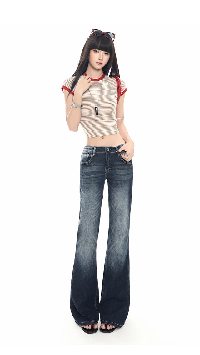 2026 New Ladies American Vintage Washed Micro Flare Denim Pants High Waist Slim Lazy Floor-Length Retro Street Long Jeans