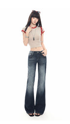 2026 New Ladies American Vintage Washed Micro Flare Denim Pants High Waist Slim Lazy Floor-Length Retro Street Long Jeans