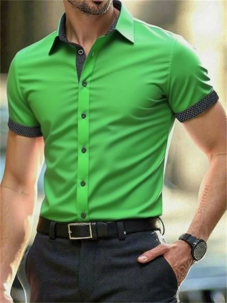 Men's short-sleeved shirt summer slim casual dress light and thin elastic no iron business shirt fashion luxury all seasons