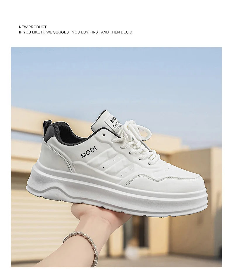 2026 Summer Men's White Platform Sneakers Leather Casual Shoes Thick Sole Streetwear Trendy Footwear