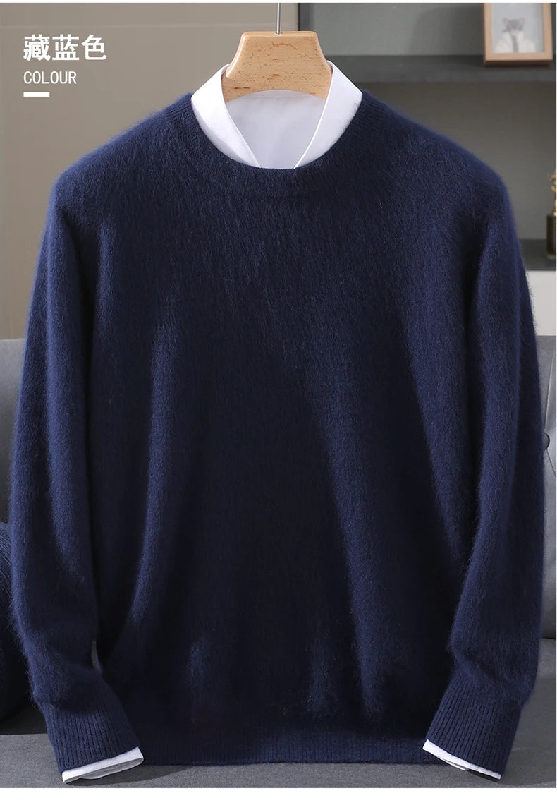 Autumn Winter 100% Mink Cashmere Sweater Men's Round Neck Pullover Loose Solid Color Plus Size Base Knit Business Casual Sweater