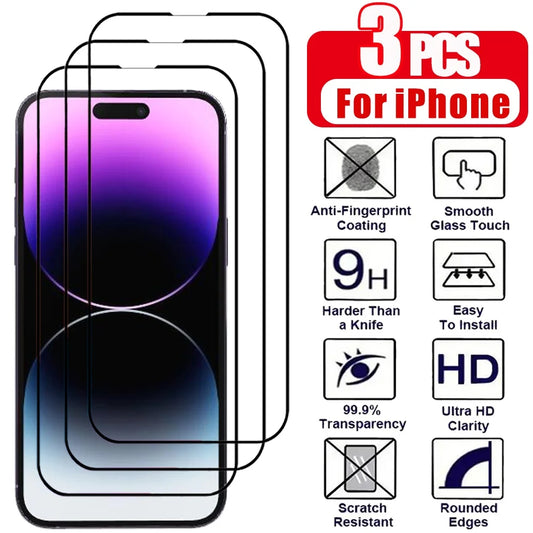 3 Pieces Tempered Glass for iPhone 17 16 15 14 13 12 11 Pro Max Screen Protector for iPhone 17E 16E 12 13 Mini Film with Black Edge