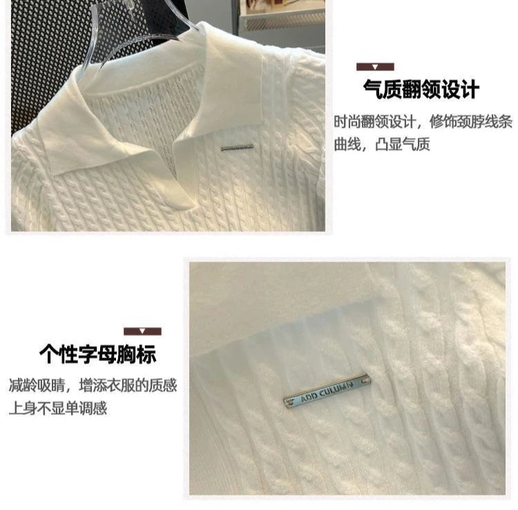 Summer Women's Polo-neck Short-sleeved Shirt Ice Silk Twist Stripe Knitting T-Shirt Thread Loose Minimalist Lapel Pullover Tees