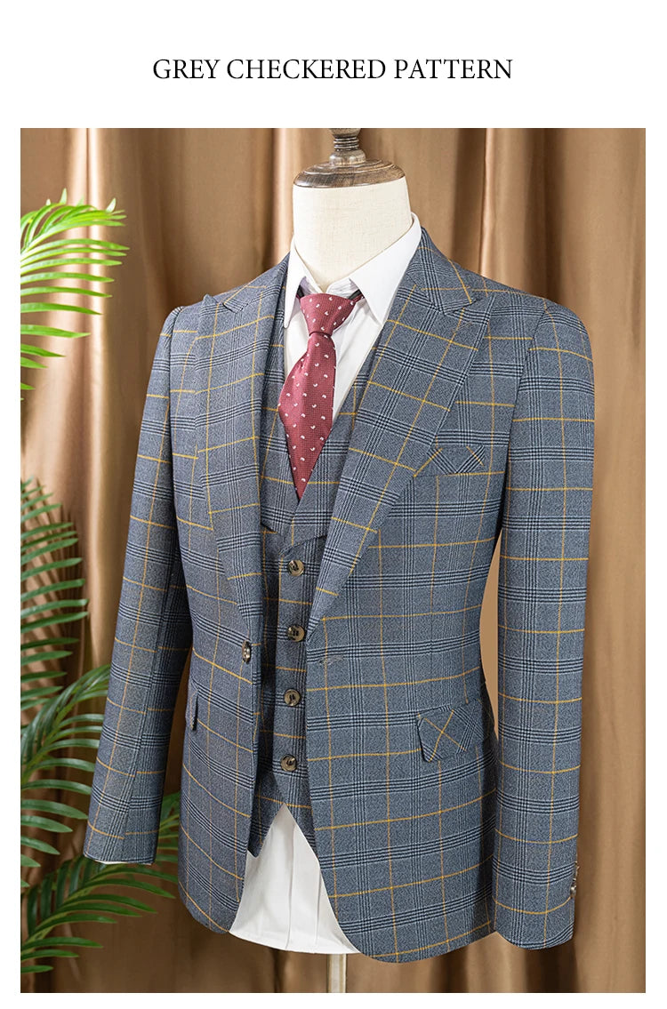 ST Cassy Dark Blue 3 Piece Checkered Suit Set Stylish Business Office Wedding Formal Outfit Elegant Full Man Suit