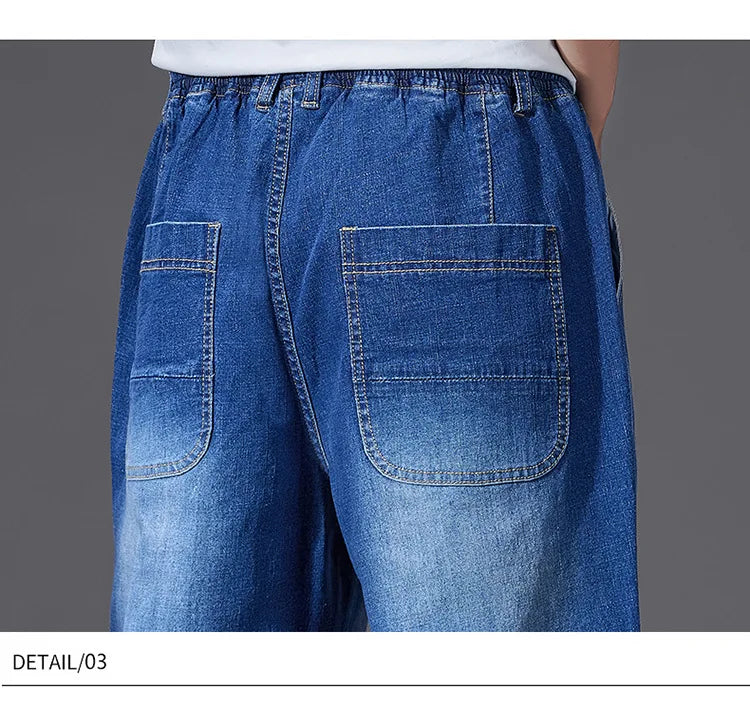 8XL Elastic Waist Men's Jeans, Loose Straight Leg Stretch Denim Pants, Plus Size Casual Streetwear, Big Size Relaxed Fit Trouser