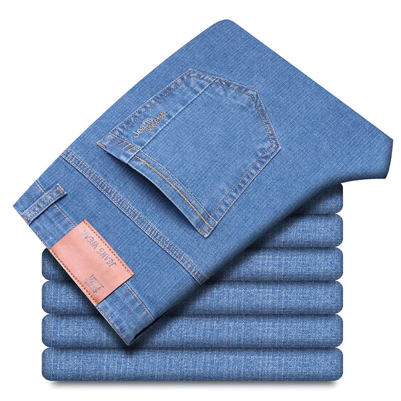 2026 Summer Thin Men's Elastic Cotton Jeans Fashion Blue Comfortable Business Straight Casual Pants Brand Male Clothes Trousers