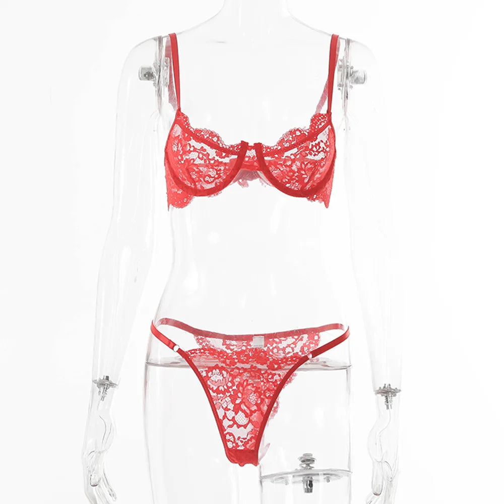 Bra for Women Bra and Panty Set Thongs Push-up Sexy Lingeire Eroitc Underwear Transparent Lace Belt Steel Ring Three-point Set