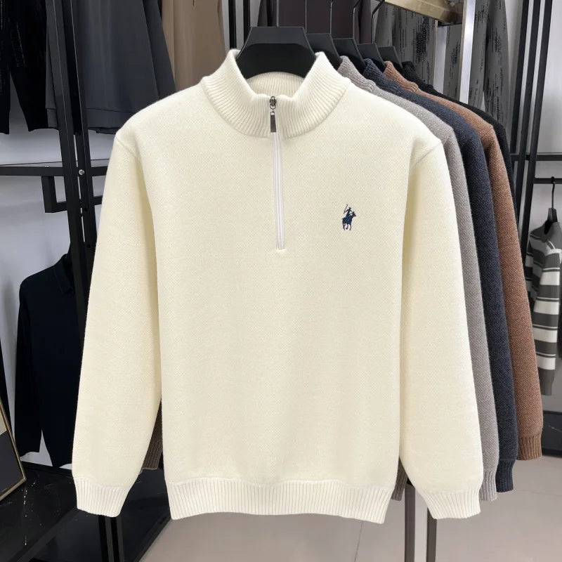 Luxury Quality Men Long-Sleeved Knitwear Mock Neck Half-Zip Thicken Horse Embroidery Spring New Pullover Fashion Casual MensWear