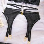 Sexy Lace Lingerie Set 3 Piece Sheer Mesh Bra Briefs Garter Belt Strappy Hollow Out Waist Cincher Black Erotic Costume Women
