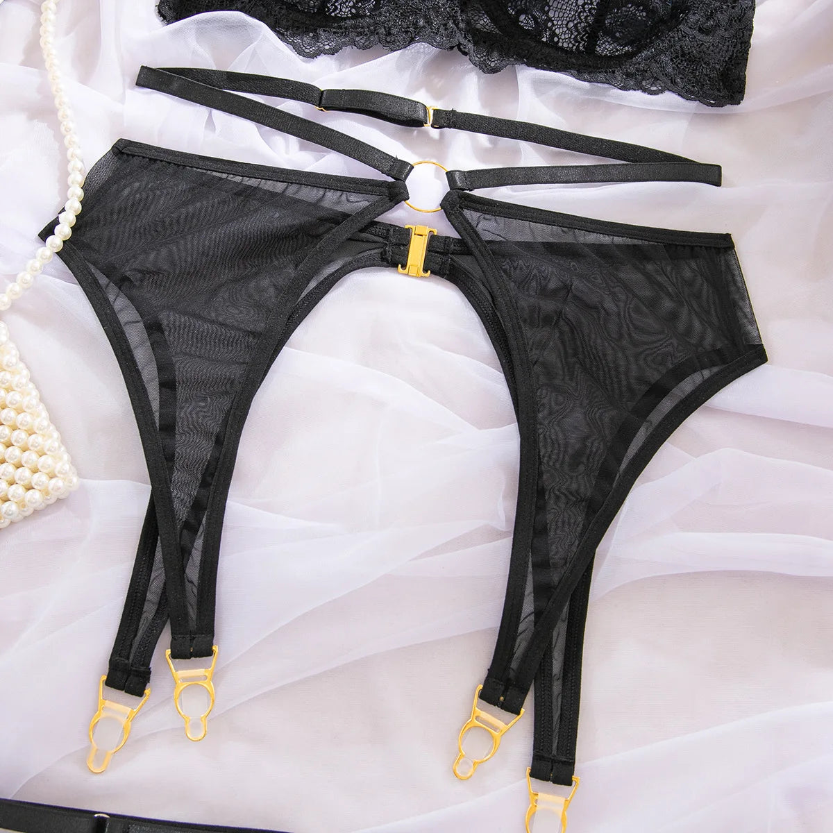 Sexy Lace Lingerie Set 3 Piece Sheer Mesh Bra Briefs Garter Belt Strappy Hollow Out Waist Cincher Black Erotic Costume Women