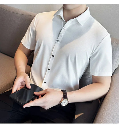 Men's White Business Casual Shirt, Fitted Striped Elastic Short-sleeved Shirt, Exquisite Embroidered Summer Formal Work Uniform.