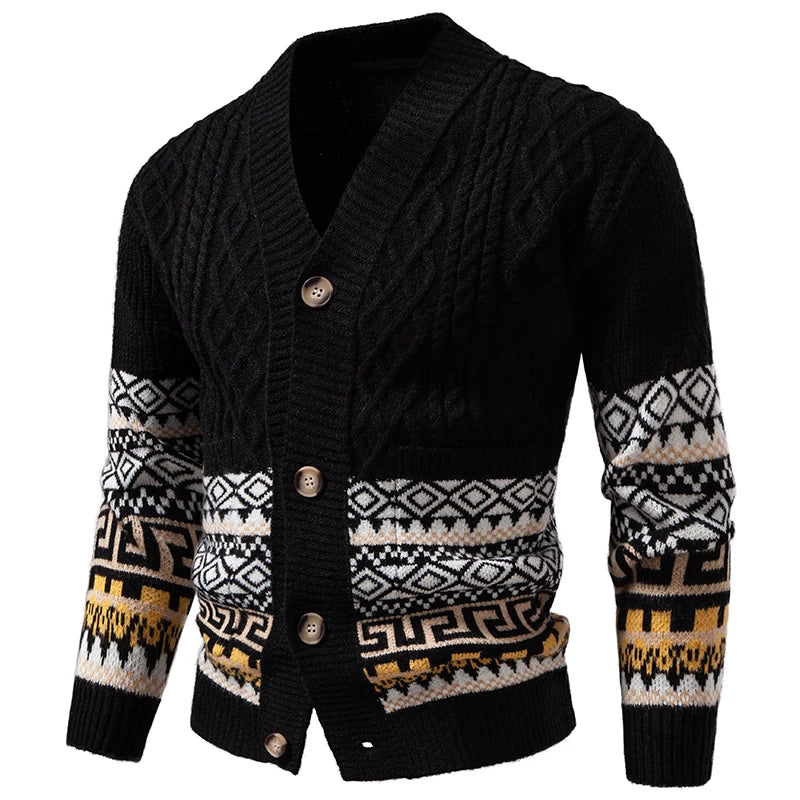 Men's Cable Knit Fair Isle Geometric Striped Cardigan V Neck Button Front Pocket Long Sleeve Sweater Autumn Winter Casual