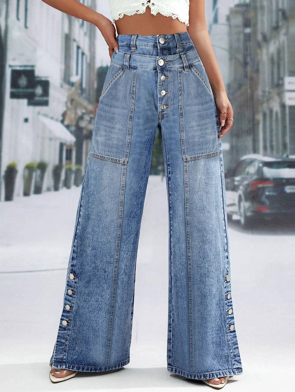 Women's Fashion Vintage Plus Size Wide Leg Jeans High Waist Button Fly Denim Trousers Pants Harajuku Pockets Autumn Jeans