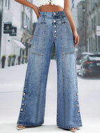 Women's Fashion Vintage Plus Size Wide Leg Jeans High Waist Button Fly Denim Trousers Pants Harajuku Pockets Autumn Jeans