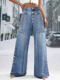 Women's Fashion Vintage Plus Size Wide Leg Jeans High Waist Button Fly Denim Trousers Pants Harajuku Pockets Autumn Jeans