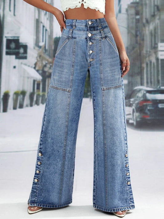 Women's Fashion Vintage Plus Size Wide Leg Jeans High Waist Button Fly Denim Trousers Pants Harajuku Pockets Autumn Jeans