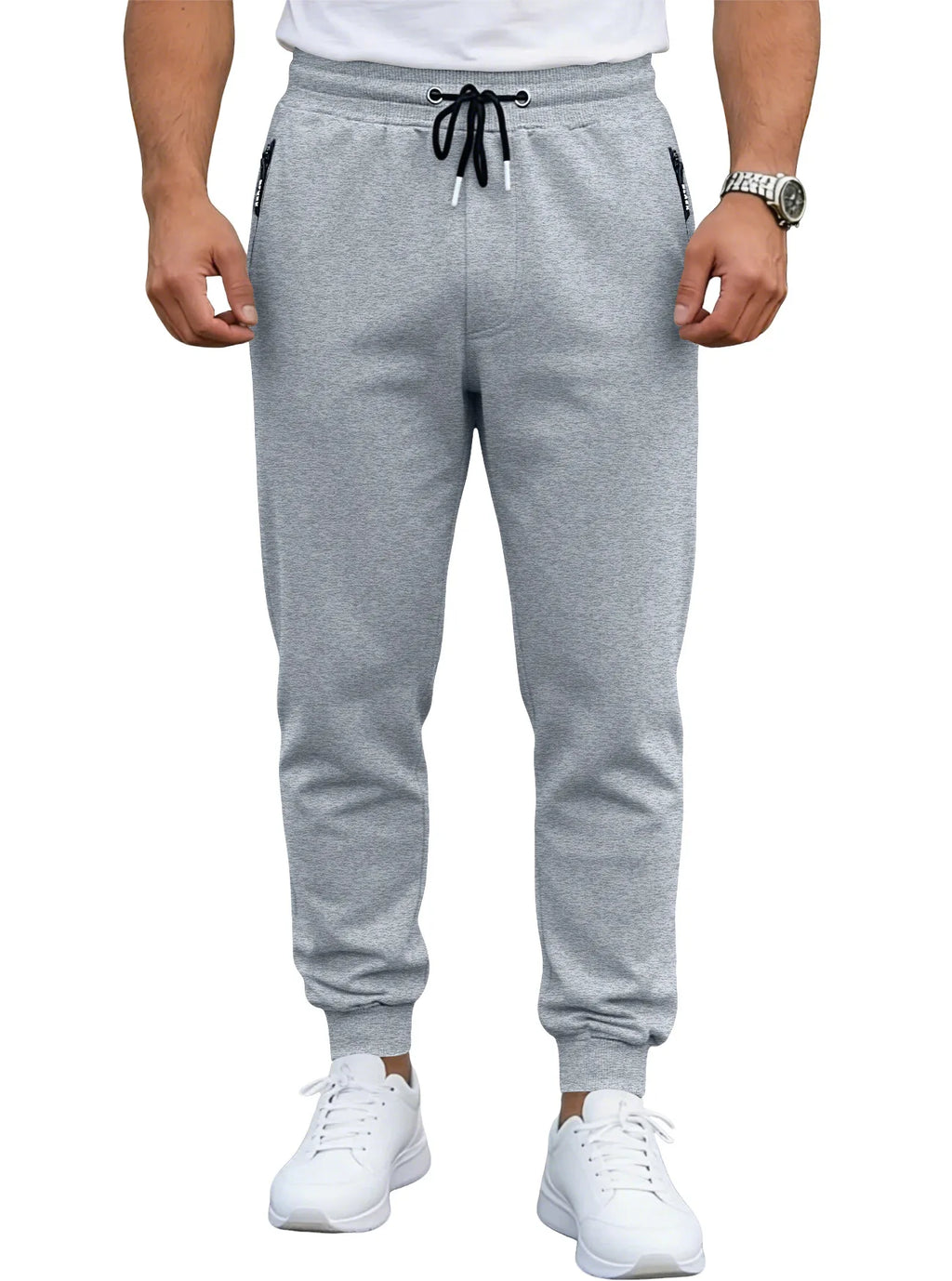 Spring/Autumn High-Quality Men's Sport Pants with Drawstring Cuffs and Zippered Pockets - Solid Color Elasticated Casual Pants