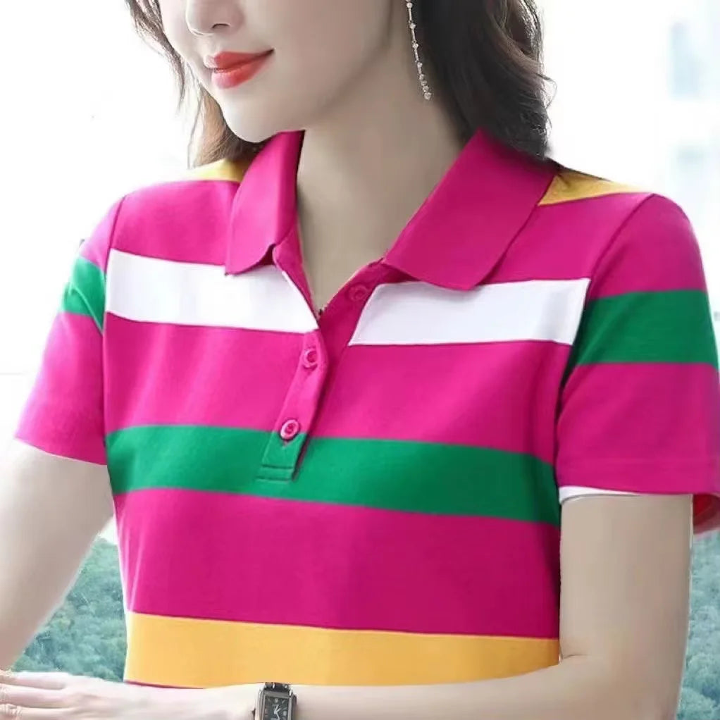 Women Summer Tops Strip Tees Sexy Vintage Short Sleeve 5XL Polo T Shirts Loose Casual Befree Boho Tees