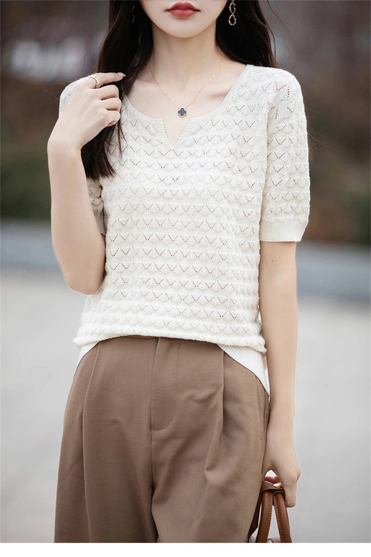 Women's T-shirt Summer New 100% Pure Cotton Tees Casual Solid Knitted Short sleeved V-neck Pullover Loose Tops Fashion Sweater