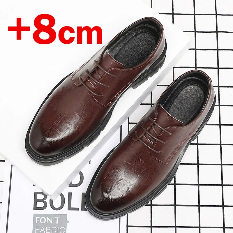 New Men Hollow Summer Platform High Heel 5/8/10 CM Height Growth Formal Men Derby Leather Shoes Man Wedding Dress Shoes Elevator
