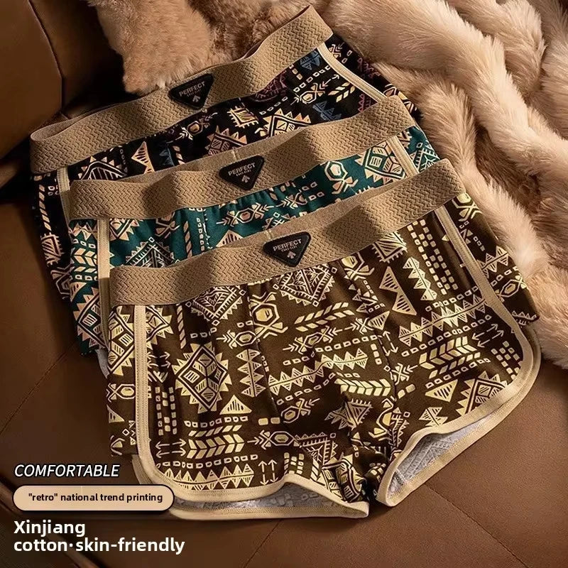 Retro Ethnic Style Men's Boxer Comfortable Briefs Design Vintage Print Elastic Underwear for Man Lingerie Mid Waist Underpants
