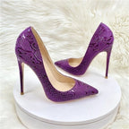 Purple Embossed Crocodile Effect Women Pointy Toe Slip On High Heel Shoes for Party Sexy Ladies Dress Stiletto Pumps