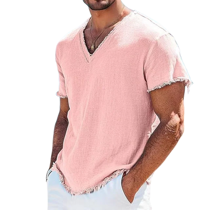 2026 Men's Summer Shirt Men's Retro V-Neck Cotton Linen Shirt Hawaii Casual Short Sleeve Beach Tops Outdoor Vacation Shirt