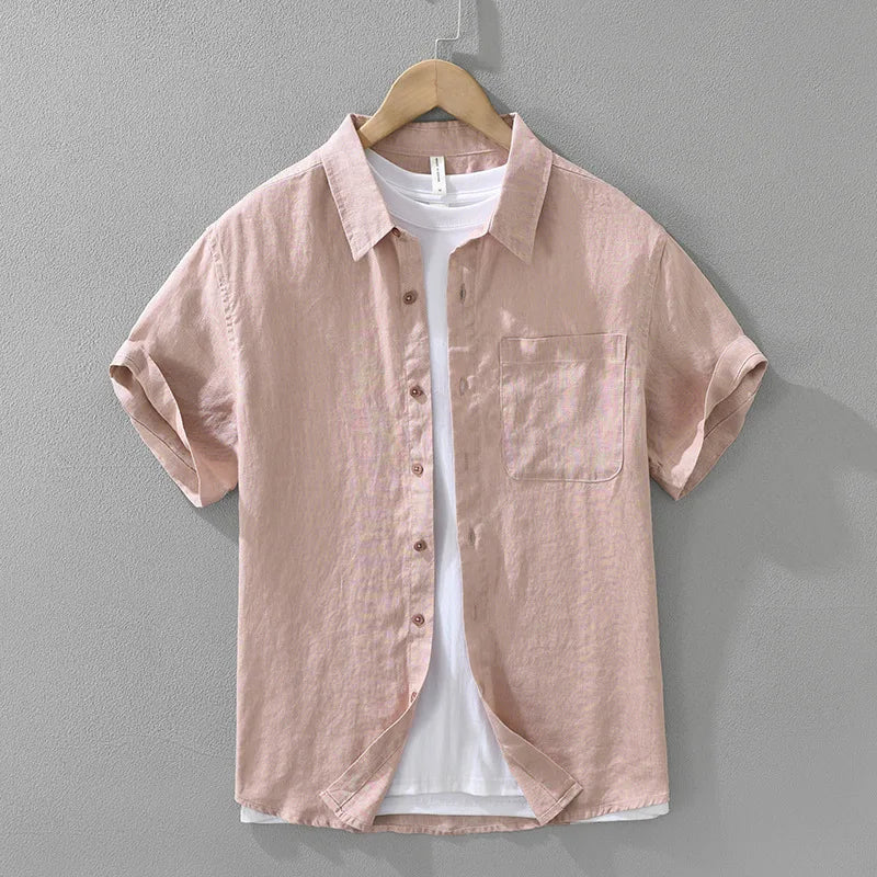 100% Linen Short Sleeve Shirt for Men Breathable Summer Casual Top Minimalist Loose Fit Button-Up Shirt  Natural Wrinkle Texture