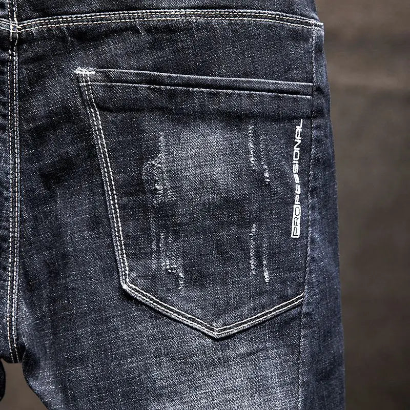 American Elastic Straight Jeans Men Ripped Worn-out Slim-fit Cotton Denim Pants Korean Style Fashion Blue Black Men's Clothing