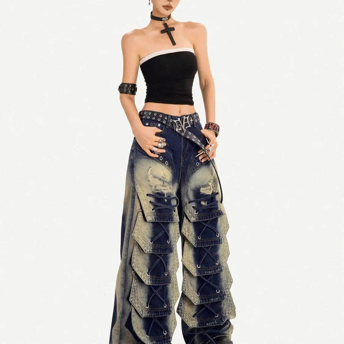 Fashionable Retro Embroidered Personalized Irregular High Waisted Jeans 2026 New Women Loose Oversized Streetwear Wide Leg Pants
