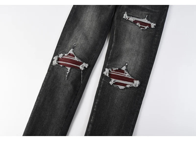 Men's Fashionable Black/Gray Jeans with Pleats Nostalgic Perforations Red Patches Washed Water High Street Style