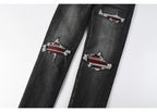 Men's Fashionable Black/Gray Jeans with Pleats Nostalgic Perforations Red Patches Washed Water High Street Style