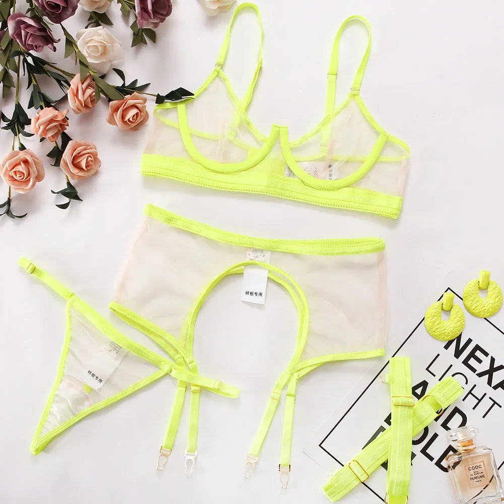 Sexy Lingerie Set Women Transparent Lace Neon Mesh with Seamless Bra and Panty Ultra Hot Erotic Garter Belt